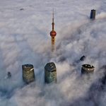 Oriental Pearl Tower, over a sea of clouds in Shanghai, China, on February 28, 2016